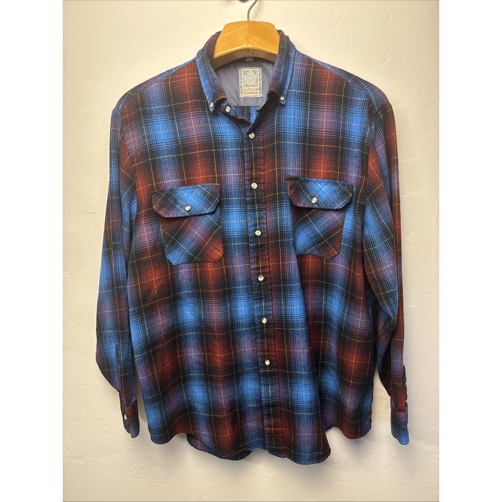 VTG 90s Outdoor Exchange Red Blue Plaid Flannel Shirt Grunge Mens XL Tall